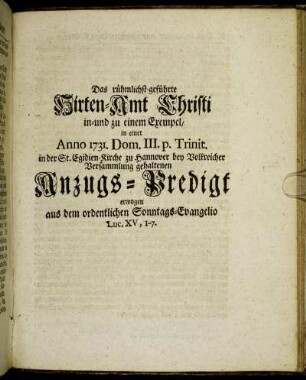 Das rühmlichst-geführte Hirten-Amt Christi ...