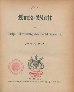 1892: Amtsblatt der Württembergischen Verkehrsanstalten