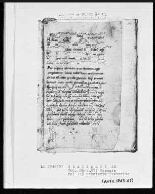 Graduale-Sakramentar-Lektionar (Missale) — Graduale, Folio 1recto-113verso — ---, Folio 1recto-113versoZwei federgezeichnete Figürchen, dazwischen Blütenstaude, Folio 113recto