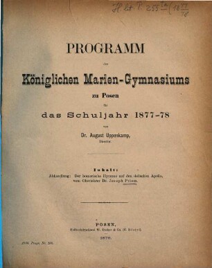 Programm des Königlichen Marien-Gymnasiums in Posen, 1877/78