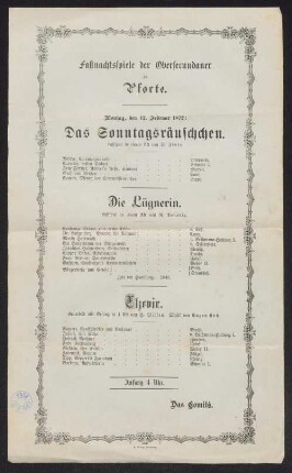 [Programm:] Fastnachtsspiele der Obersecundaner zu Pforte : Montag, den 12. Februar 1872