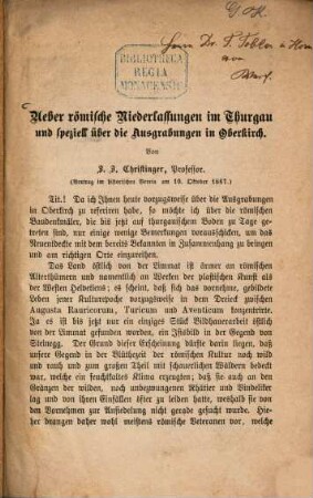 Über römische Niederlassungen im Thurgau und speziell über die Ausgrabungen in Oberkirch : Vortrag im histor. Verein (des Cantons Thurgau) a. 10 Oct. 1867