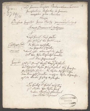 Bühnenstücke und Gedichte aus dem Kloster Beuerberg. Heft 11: Fastnachts-Singspiel (tempore Bachanalium) - BSB Cgm 5719(11 : Personal: Figuren aus der antiken Mythologie, darunter der von Odysseus geblendete Polyphem. Bacchus verwendet z.T. baierische Mundart