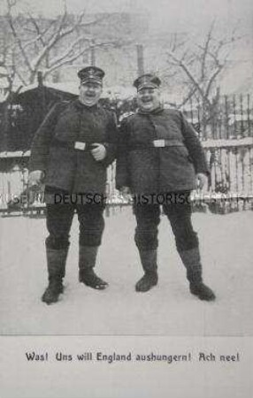 Postkarte: Kriegsnotspende für Leipzig. "Was! Uns will England aushungern! Ach nee"; Leipzig, um 1916