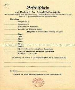 Bestellschein für Vordrucke der Reichsbekleidungsstelle