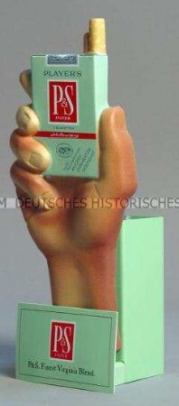 Werbeaufsteller (Pendelhand) in Form einer Hand für "Player's P und S"-Zigaretten