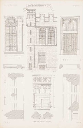 Kaufhaus Gürzenich, Köln: Ansicht, Details (aus: Atlas zur Zeitschrift für Bauwesen, hrsg. v. G. Erbkam, Jg. 12, 1862)