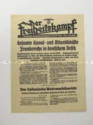 Nachrichtenblatt der sächsischen NSDAP-Zeitung "Der Freiheitskampf" über die deutsche Bombardierung von Rüstungwerken und Häfen in Süd- und Mittelengland