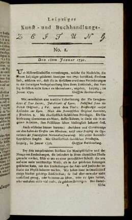 Leipziger Kunst- und Buchhandlungs-Zeitung. No. 1. Den 18ten Januar 1790.