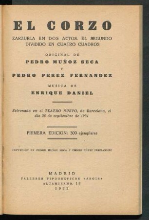 El corzo : zarzuela en dos actos, el segundo dividido en cuatro cuadros