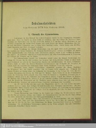 Schulnachrichten von Ostern 1879 bis Ostern 1880