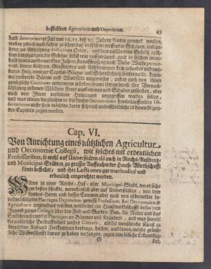 Cap. VI. Von Anrichtung eines nützlichen Agrcultur und Oeconomie Collegii ...