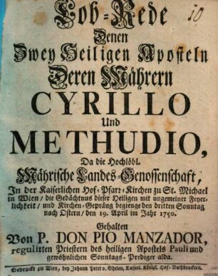 Lobrede den zwei Aposteln in Mähren, Cyrillus und Methudius : gehalten zu Wien