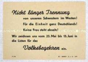 Aufruf des DFD an alle Frauen zur Einzeichnung beim Volksbegehren für deutsche Einheit