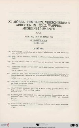 XI. Möbel, Textilien, verschiedene Arbeiten in Holz, Waffen, Musikinstrumente. (No. 1287-1397)