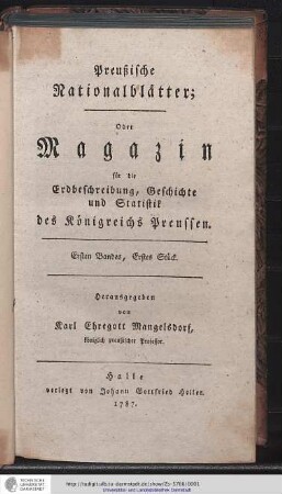 Titelseite des Ersten Bandes, Erstes Stück