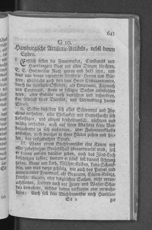 G 10. Hamburgische Artillerie=Artikeln, nebst denen Eyden.