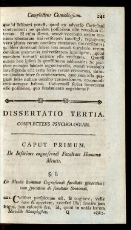 Dissertatio Tertia. Complectens Psychologiam