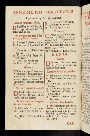 9v-9v, Benedictio Servitoris Egredientis, & Ingredientis.