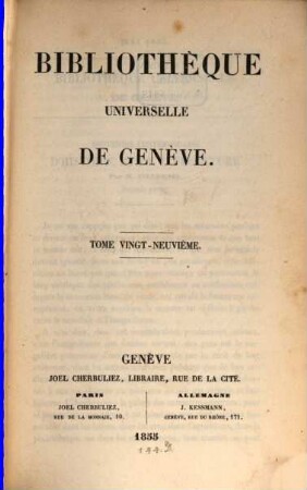 Bibliothèque universelle de Genève. 29. 1855