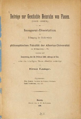 Beiträge zur Geschichte Heinrichs von Plauen : 1411 - 1413 ; Inaugural-Dissertation