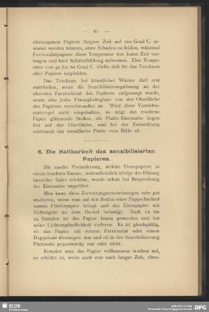 6. Die Haltbarkeit des sensibilisierten Papieres