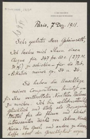 Brief an Ludwig Strecker  an B. Schott's Söhne : 07.12.1911
