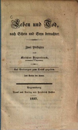 Leben und Tod, nach Schein und Seyn betrachtet : zwei Predigten