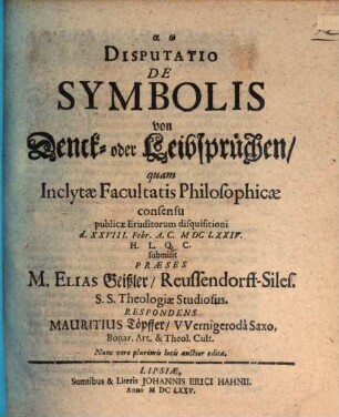 Disputatio De Symbolis = von Denck- oder Leibsprüchen