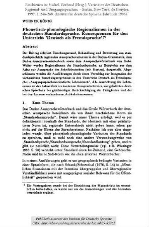 Phonetisch-phonologische Regionalismen in der deutschen Standardsprache. Konsequenzen für den Unterricht 'Deutsch als Fremdsprache'?