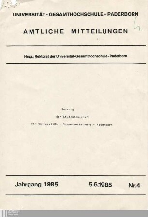 Satzung der Studentenschaft der Universität - Gesamthochschule - Paderborn : 5.6.1985