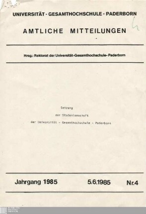Satzung der Studentenschaft der Universität - Gesamthochschule - Paderborn : 5.6.1985