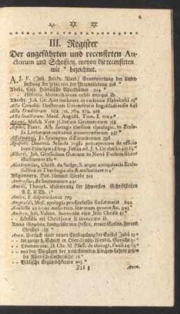 III. Register Der angeführten und recensirten Auctorum und Schriften, wovon die recensirten mit * bezeichnet