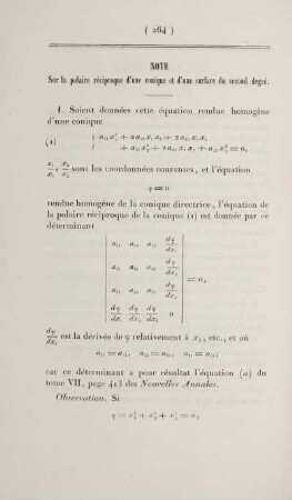 Note sur la polaire réciproque d'une conique et d'une surface du second degré.