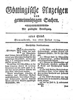 28tes Stück. Sonnabend, den 16ten Julius 1774.