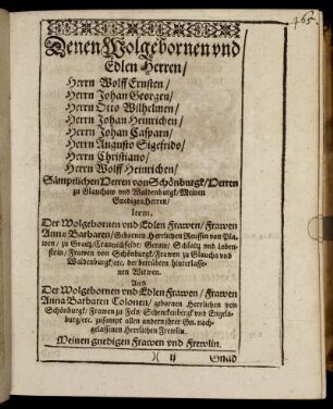 Denen Wolgebornen und Edlen Herren/ Herrn Wolff Ernsten/ Herrn Johan Georgen/ Herrn Otto Wilhelmen/ [...]