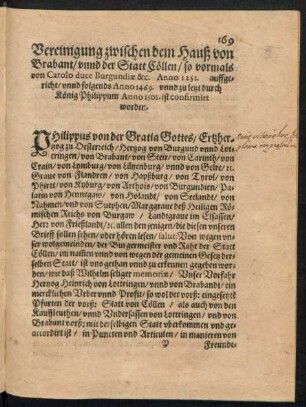 Vereinigung zwischen dem Hauß von Brabant/ unnd der Statt Cöllen ...