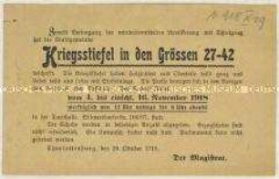 Handzettel mit der Ankündigung des Verkaufes von Kriegsstiefeln