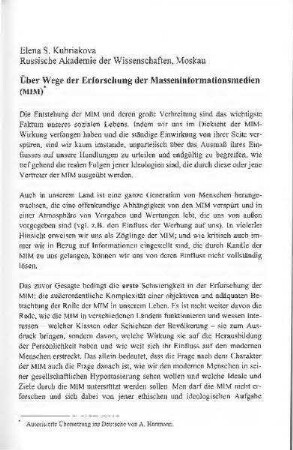 Über Wege der Erforschung der Masseninformationsmedien (MIM)