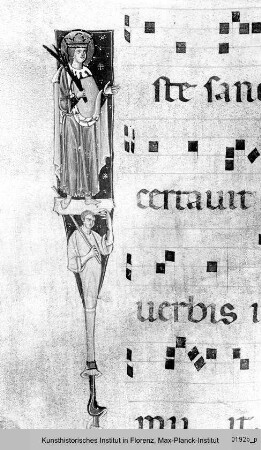 Antiphonar : Textseite mit historisierter Initiale I: Märtyrerin auf Stützfigur