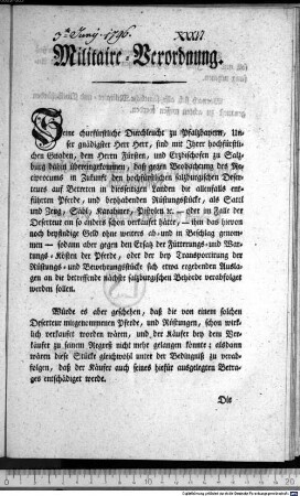 Militaire-Verordnung. : München den 3ten Juny 1796. Ihro churfürstl. Durchleucht zu Pfalzbayern Hofkriegsrath. Friedrich Fürst von Ysenburg, Präsident. Sekretaire Zeiller.