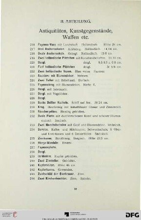 II. Abteilung: Antiquitäten, Kunstgegenstände, Waffen etc. (Nr. 216-509)
