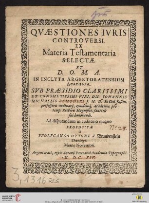 Quaestiones Iuris Controversi. Ex Materia Testamentaria Selectae