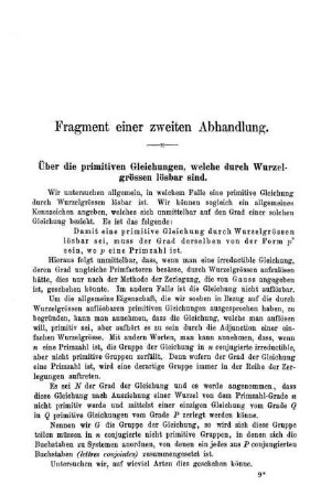 Bruchstück einer zweiten Abhandlung: Von den primitiven Gleichungen, welche durch Wurzelgrössen lösbar sind.