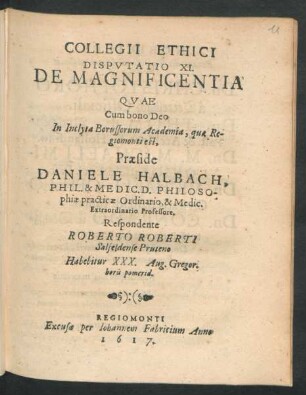 Collegii Ethici Disputatio XI. De Magnificentia