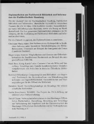 Diplomarbeiten am Fachbereich Bibliothek und Information der Fachhochschule Hamburg