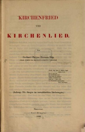 Kirchenfried und Kirchenlied : (Anhang: Die Sänger im unverfälschten Liedersegen)