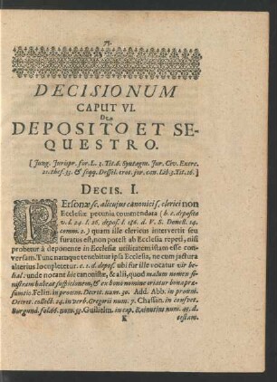 Decisionum Caput VI. De Deposito Et Sequestro.