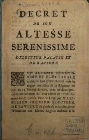 Decret de son Altesse Serenissimie L'Electeur Palatine et de Bavière (Charles Théodore Electeur)