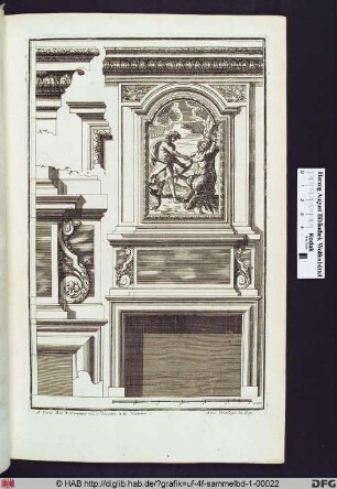 Entwurf für einen Kamin, darüber befindet sich ein Gemälde mit einer mythologischen Szene; links Architektonische Versatzstücke.